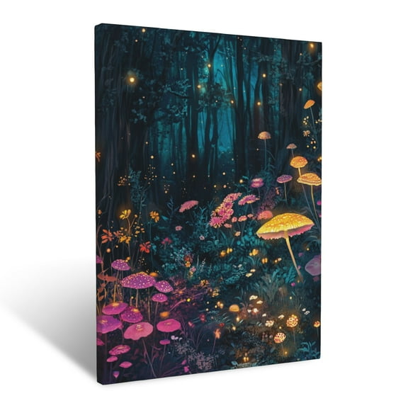 CozyNet Enchanted Forest Clearing With Diverse Plants, Mushrooms & Glowing Flora Wall Art Prints With Frame Canvas Perfect for Living Room & Bedroom, Ready to Hang, Wall Decor 12"x16"in
