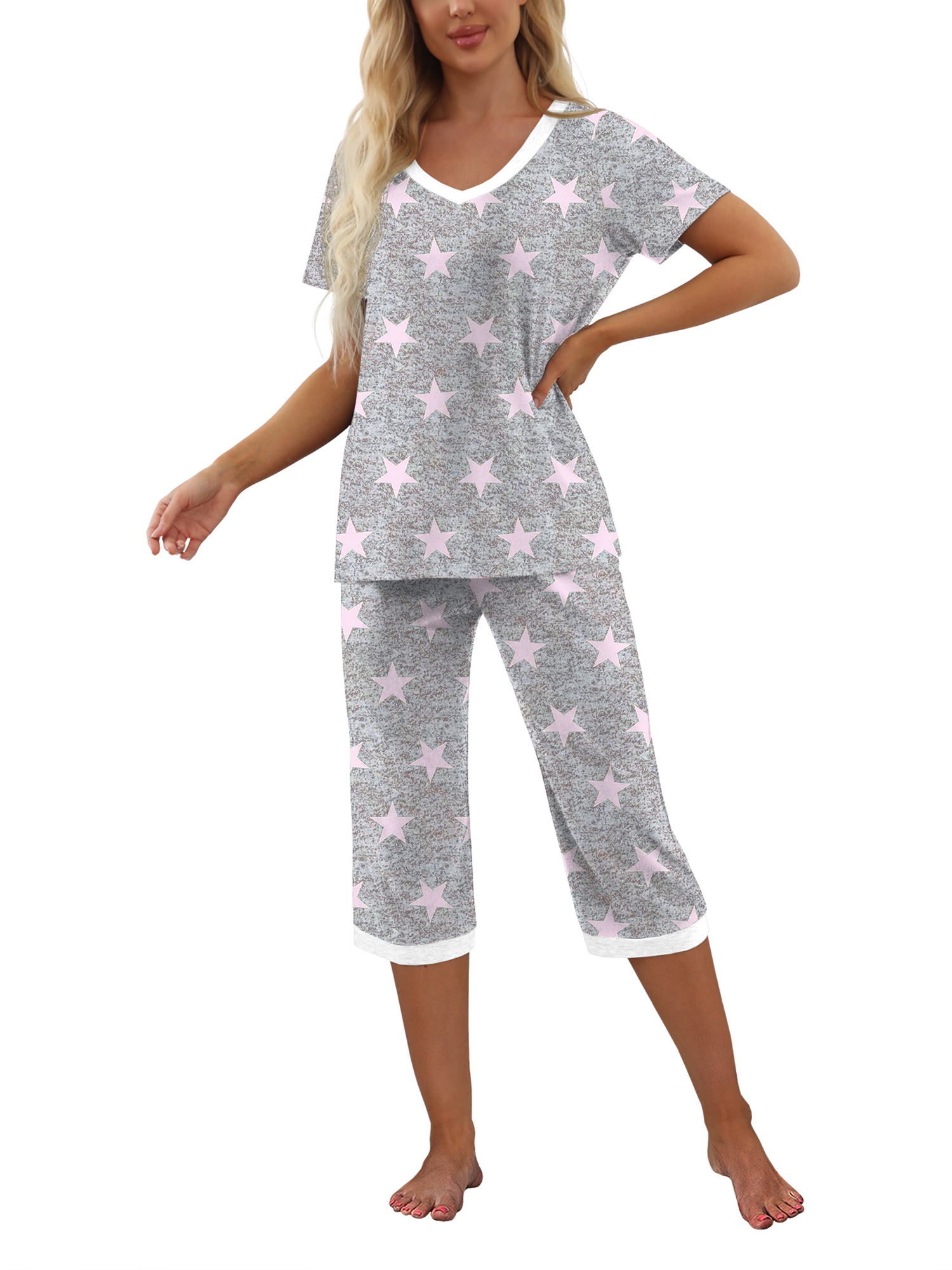 MINTREUS Women's Short Sleeve Pajama Set with Capri Pants photo 3