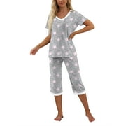 MINTREUS Womens Pajamas Short Sleeve Sleepwear Tops and Capri Pants Pjs Print Pajama Sets S-2XL