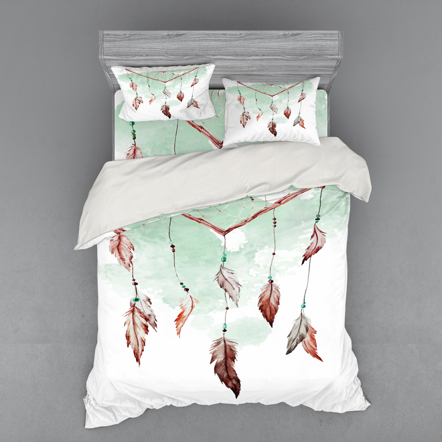Feather Duvet Cover Set, Watercolor Vibrant Dream Catcher Ornamental Elements Traditional Design