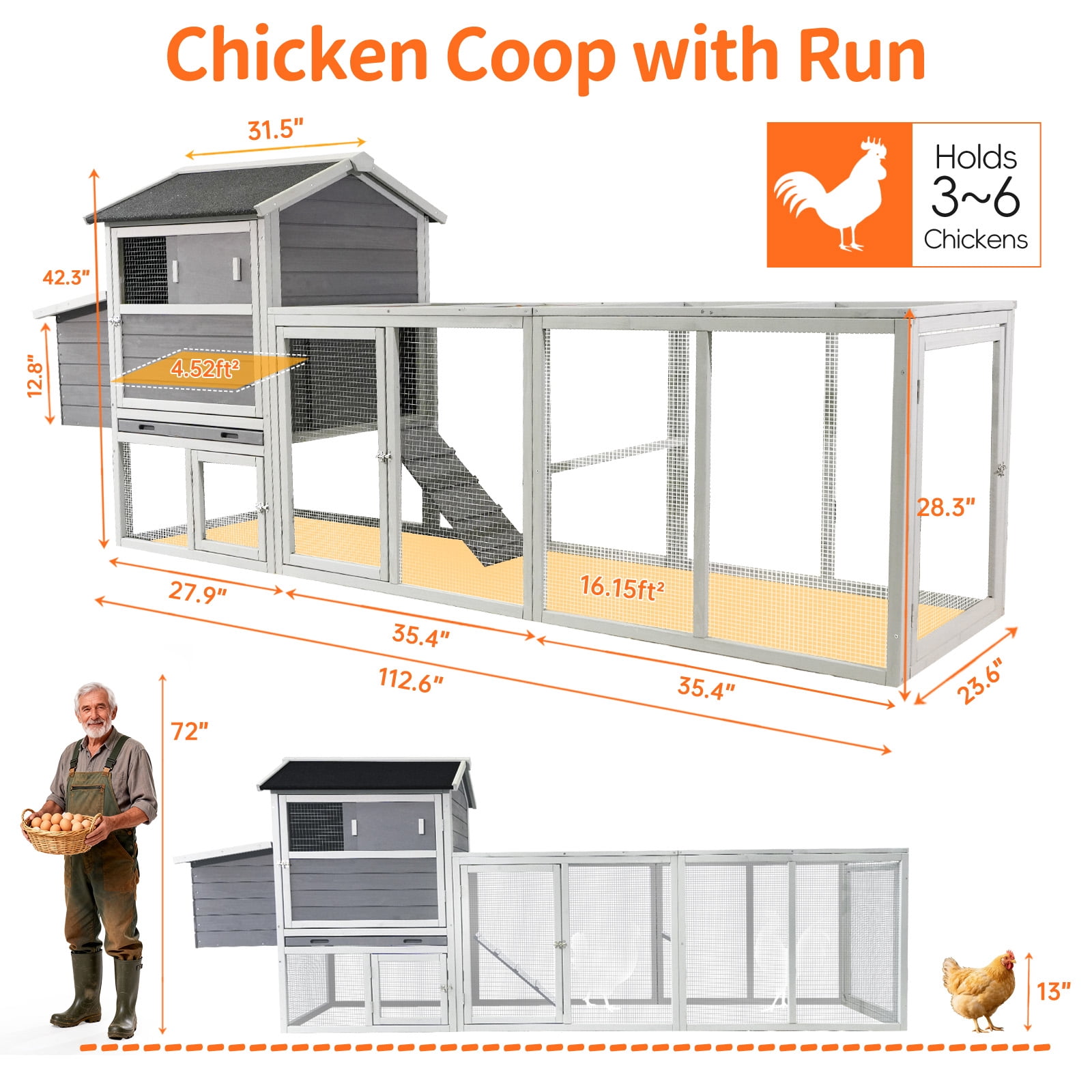 Gray Wooden Chicken Coop, Large Outdoor Hen House with Run and Nesting Box Poultry Cage, Rabbit Hutch, Waterproof Anti-UV Panel for Backyard