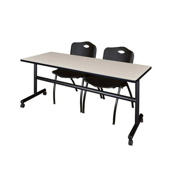72" x 30" Flip Top Mobile Training Table- Maple and 2 "M" Stack Chairs- Black
