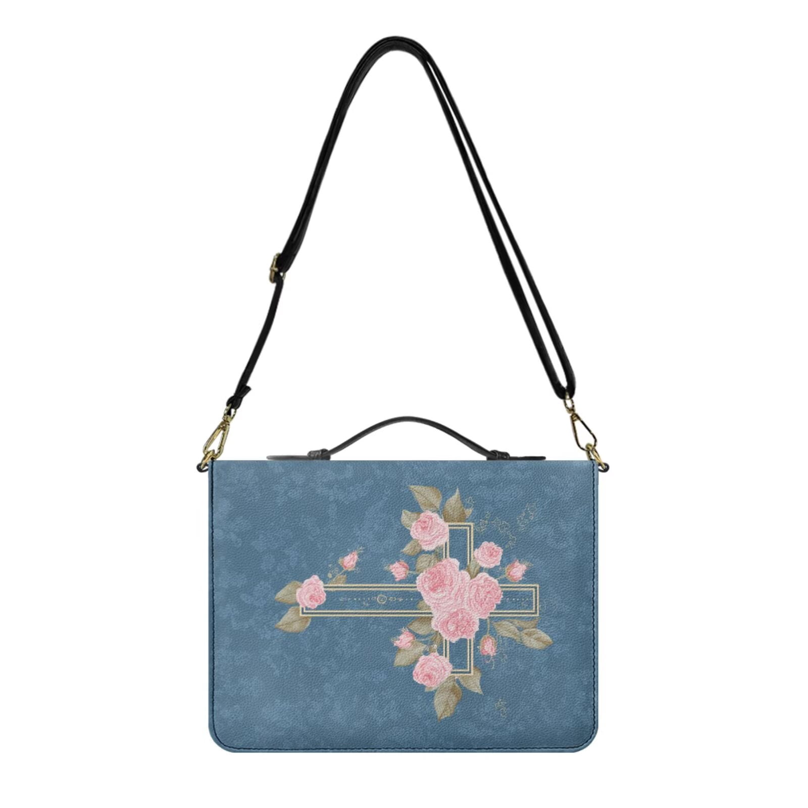 Kuiaobaty Rose Cross Print Bible Bag for Women Men PU Leather Bible Cover Case with Bookmark Lightweight Church Bag Bible Study Supplies with Shoulder Strap for Christian, Blue