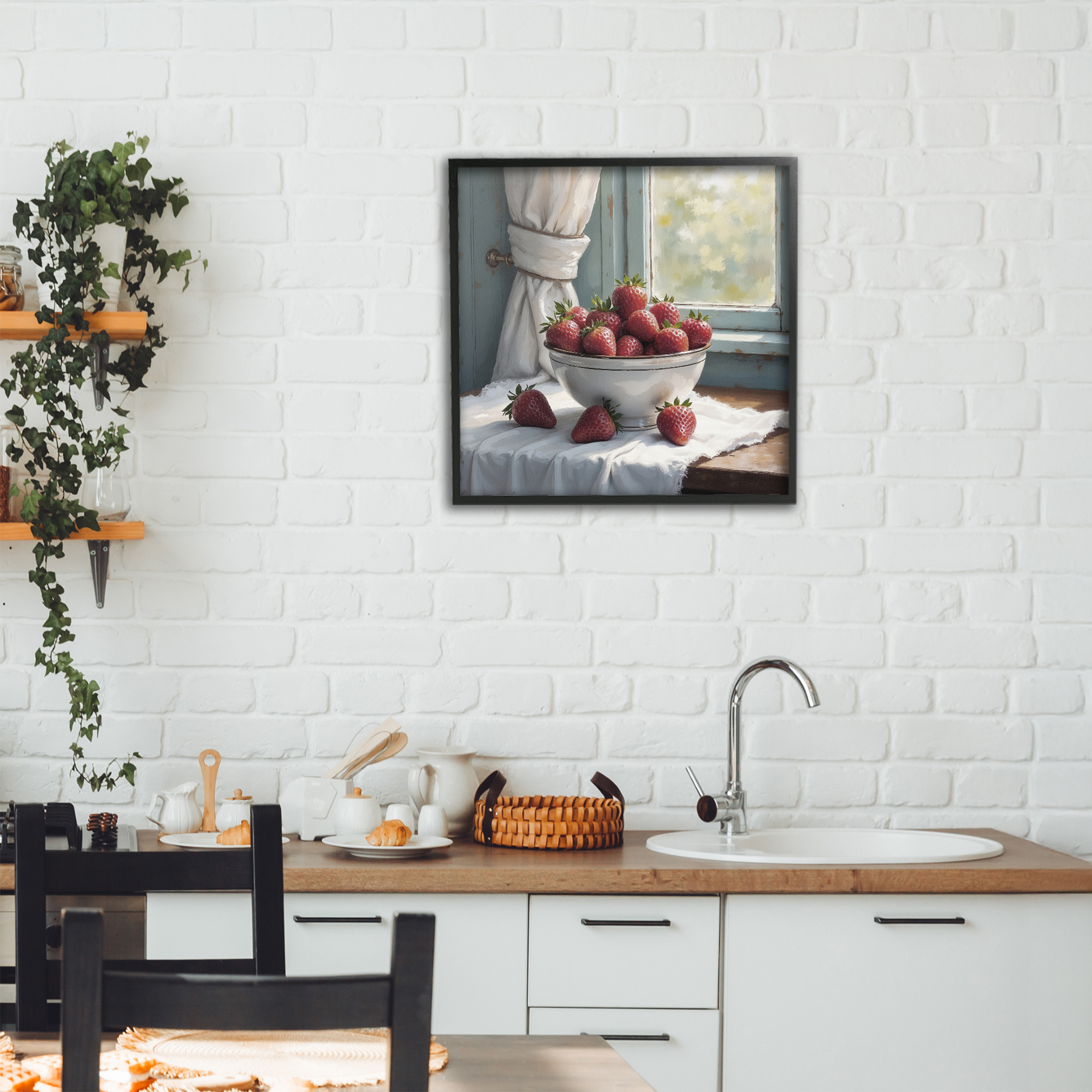 Strawberry Harvest in Window Black Framed Giclee Art, design by Lettered and Lined