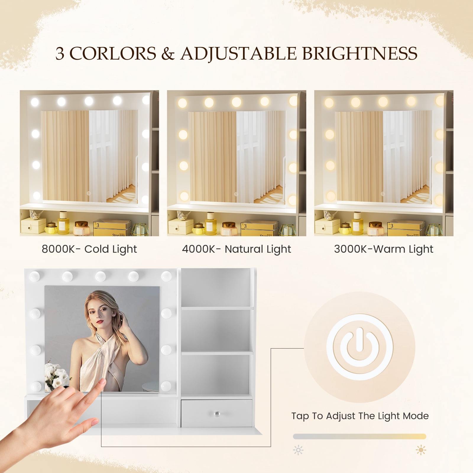 Gianna Modern Dressing Table with Mirror and Adjustable LED Lighting, Drawers and Storage Shelves, White