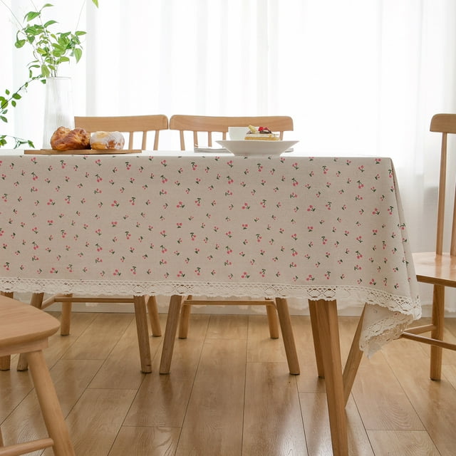 Nvzi Mantel pequeño de estilo campestre con estampado de cerezas rosas, mantel de mesa de té para el hogar, encaje de ganchillo (90 * 90 cm)