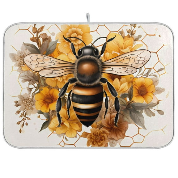 Bee with Honey Dish Drying Mat Microfiber Kitchen Pad Large Counter Absorbent Dish Mats Drainer Rack 18"x24"