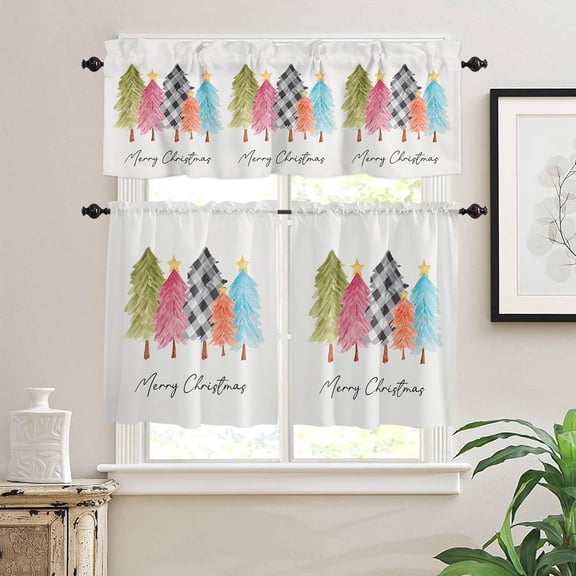 Merry Christmas Kitchen Window Curtain Set with Tiers and Valance, 3 Pieces Rod Pocket Valances Xmas Tree Watercolor Style Window Treatment Semi Sheer Kitchen Bedroom Farmhouse Decor (52"W x 18"L)