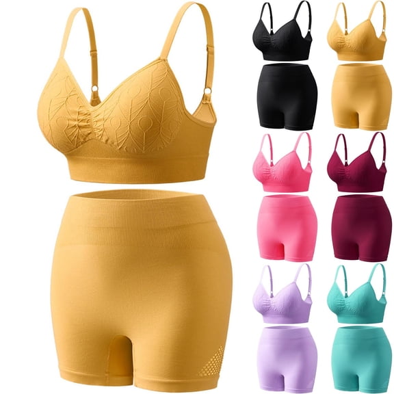Workout Sets for Women Seamless Ribbed High Waist Yoga shorts with Sports Bra Outfits Yellow