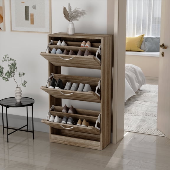 KULAGAGA Shoe Cabinet Entryway, Shoe Storage Organizer with 3 Compartments, Brown