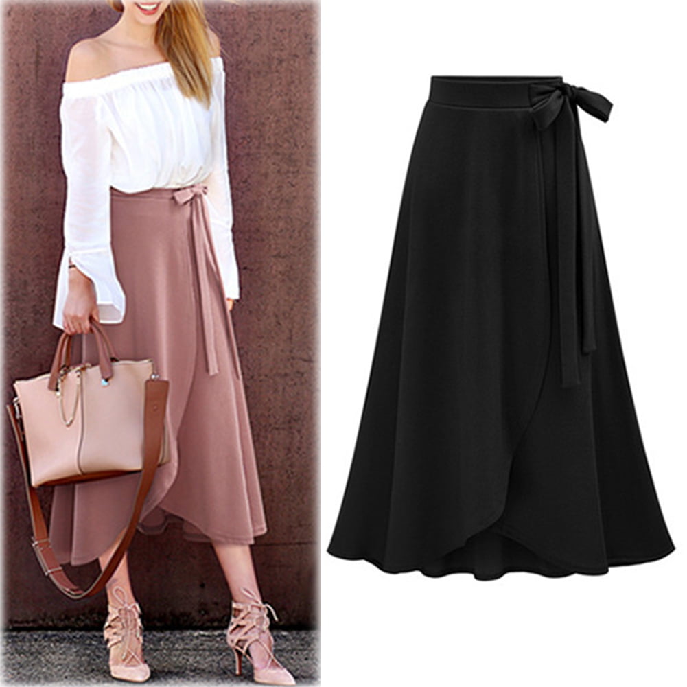 Generic - Women's High Waisted Wrap Style Solid Asymmetric Slit Skirt ...