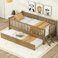 thumbnail image 3 of Harper & Bright Designs Twin Size Bed Frame with Trundle & Guardrail, Low Profile Platform Bed with Stairs for Boys and Girls, Walnut, 3 of 12