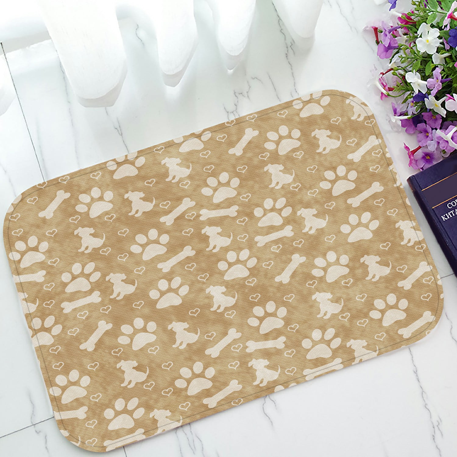 ECZJNT Brown Dog Paw Puppy Bone Hearts Tile Doormat Bath Mat Rug