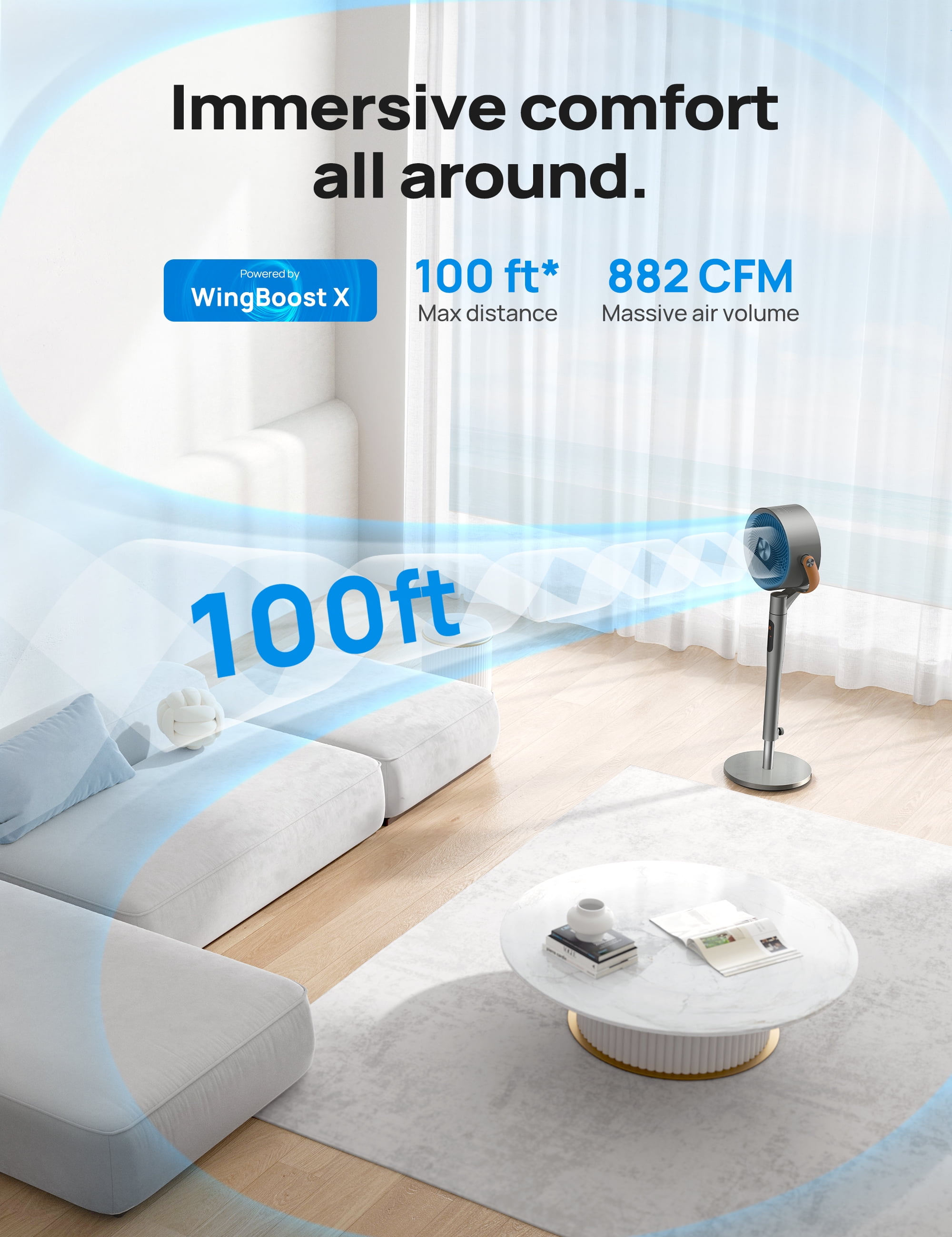 DREO Pedestal Fan with Remote, 43'' Quiet Standing Fan for Home Bedroom, 120°+105° Smart Oscillating Floor Fans with Wi-Fi/Voice Control, Works with Alexa/Google, 6 Modes, 8 Speeds, 12H Timer