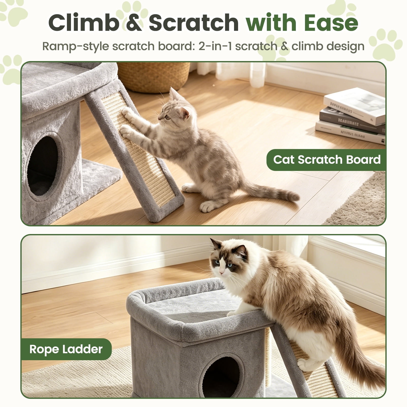 Cat Tree Tower with Perch Bed and Washable Top, Cat Tree with Sisal Scratching Posts, Condos, Plush Perches, Hanging Cat Toys, Extended Platform for Cats to Play and Sleep, Gray