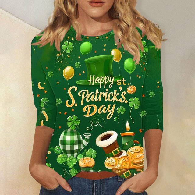 Womens Casual Tops Fashionable Womens Pullover Printed Casual Round Neck 3/4 Sleeve Top St. Patricks Day