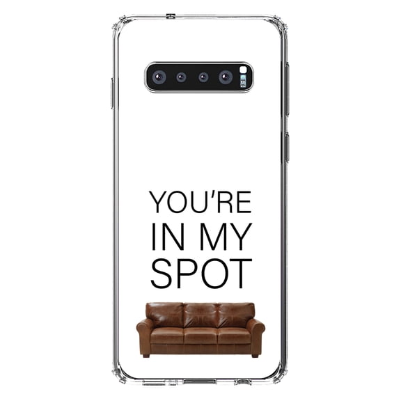 DistinctInk Clear Shockproof Hybrid Case for Samsung Galaxy S10 (6.1" Screen) - TPU Bumper, Acrylic Back, Tempered Glass Screen Protector - Brown Couch "You're in My Spot"