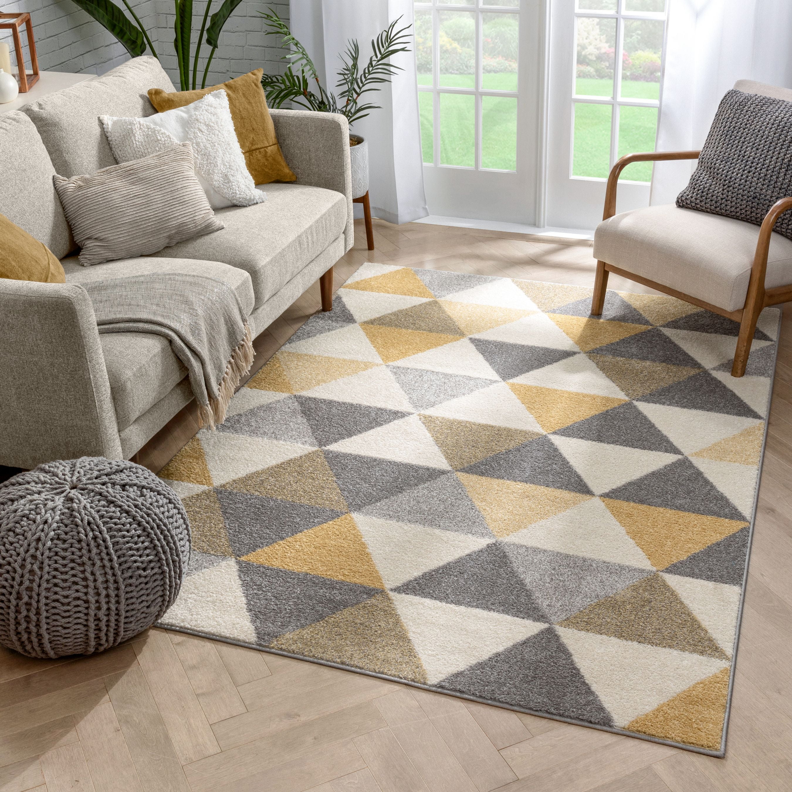 Well Woven Osme Blue & Gold Modern Geometric Boxes & Triangles Beveled Pattern Area Rug 5x7 5'3 x 7'3 