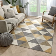 Well Woven Isometry Gold & Grey Modern Geometric Triangle Pattern 5' x 7' Area Rug Soft Shed Free Easy to Clean Stain Resistant