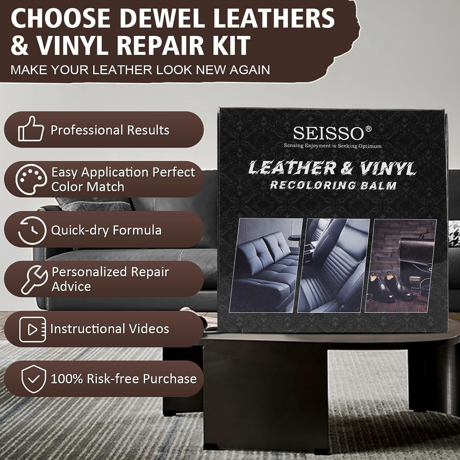 SEISSO Leather Recoloring Balm Black, Mink Oil Leather Conditioner & Leather Filler Cream, Leather and Vinyl Repair Kit for Furniture, Restore Couches, Car Seats, Sofa, Purse, Scratch, Peeling