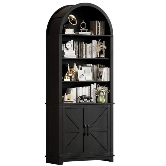 6-Tier Farmhouse Arched Bookshelf Bookcase with Doors, Tall Storage Cabinet and Display Shelves, Open Shelves for Living Room or Office, Black