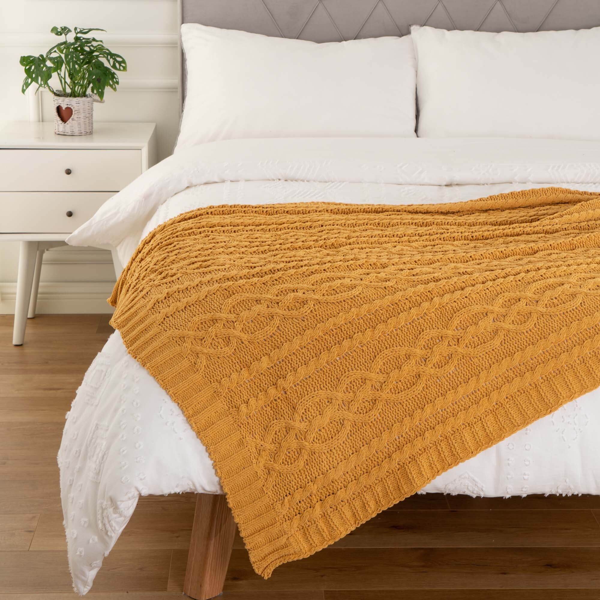 Battilo Mustard Chenille Cable Throw Knitted Throws Decorative Blankets for Sofa Bed Home Indoor Outdoor Throw Couch Cover Blanket Mustard 50 x