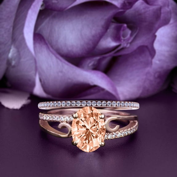 Gorgeous Art nouvea 2.00 Carat Oval Cut Morganite And Diamond Moissanite Twirled Style Engagement Ring, Wedding Ring in 925 Sterling Silver With 18k Rose Gold Plating Gift For Her, Bridal Set
