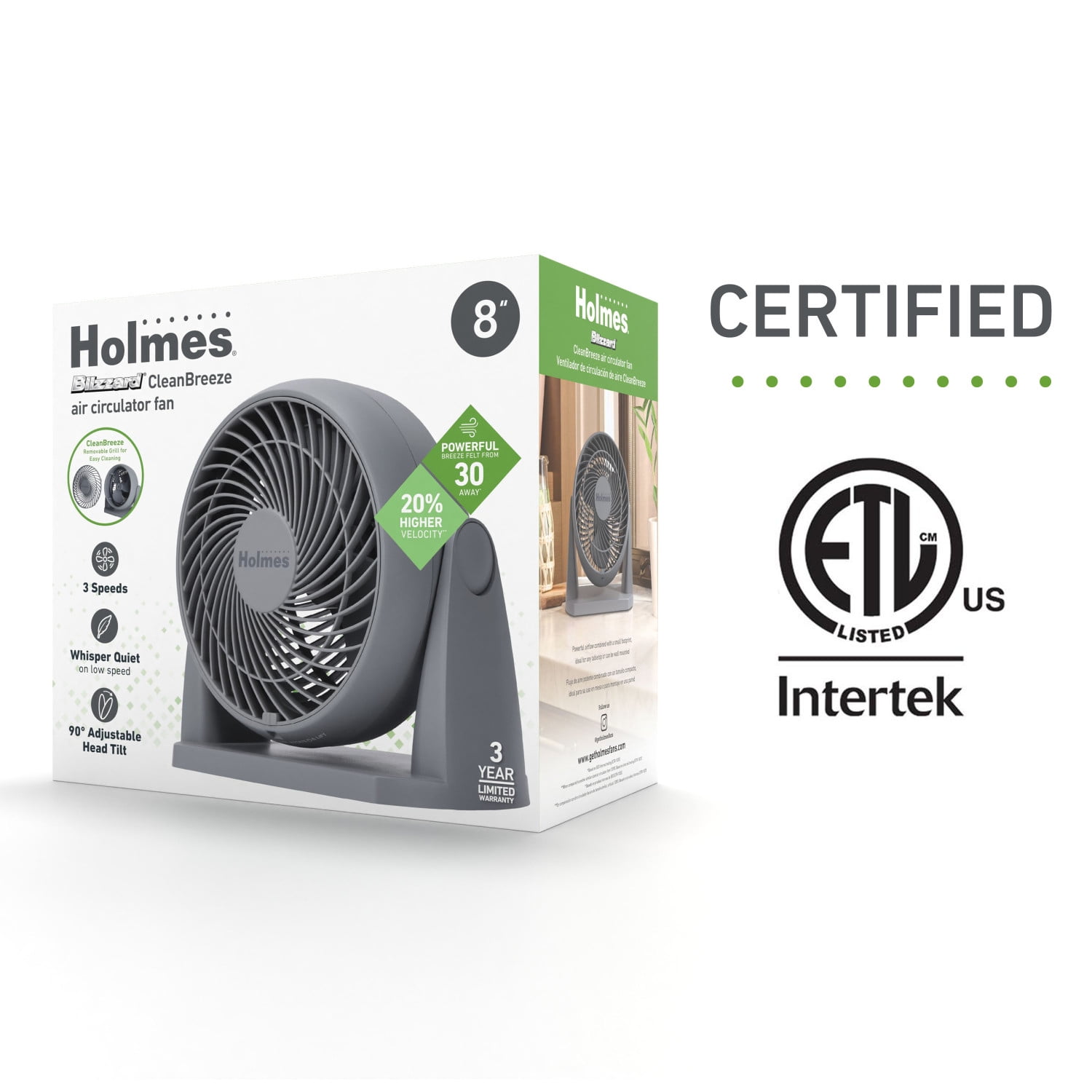 Holmes Blizzard 3-Speed Air Circulator Fan, 90° Adjustable Tilt, Removable Grill, Gray, 14086