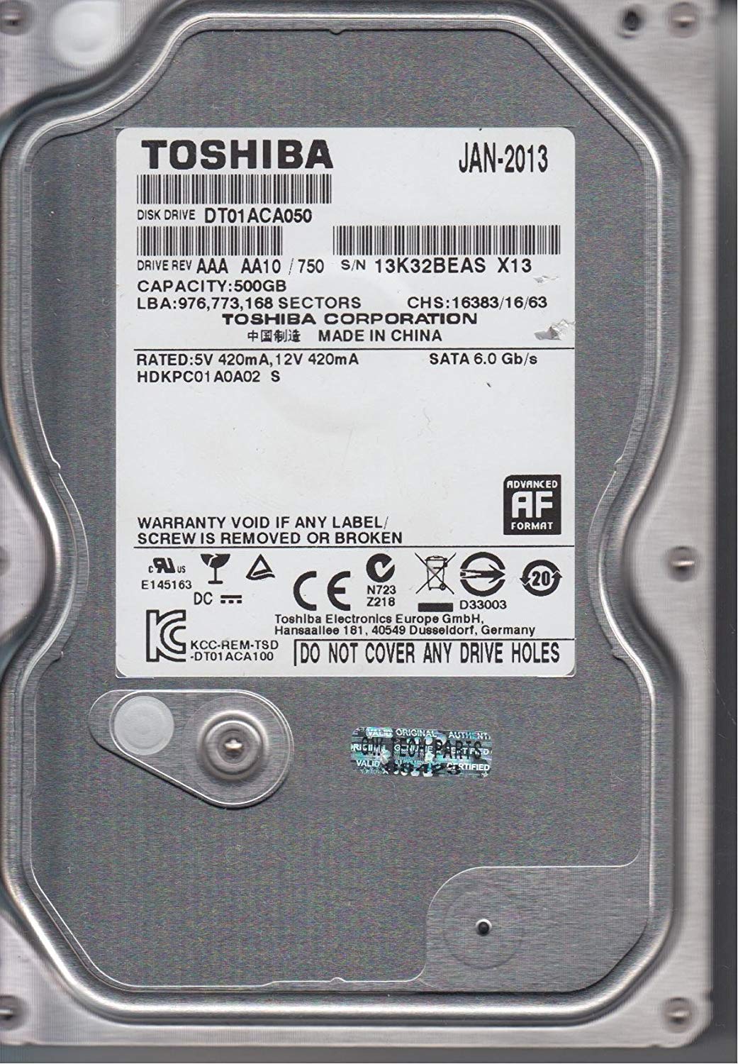 DT01ACA050, AA10/750, HDKPC01A0A02 S, Toshiba 500GB SATA 3.5 Hard Drive