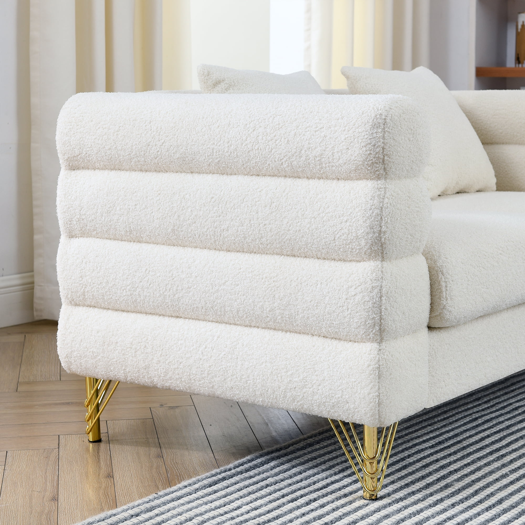 Kadyn 81" Loveseat 3 Seater Sectional Sofa, Fabric Sofa with 3 Pillows, Upholstered Sofa Couch for Living Room, White Teddy