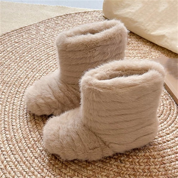 THDHVS Boots for Girls, Girls Solid Color Snow Boots with Plush Furry Cuff and Flexible Soft Sole for All Day Winter Comfortable Insulated Boots Warm Fleece Lining Beige