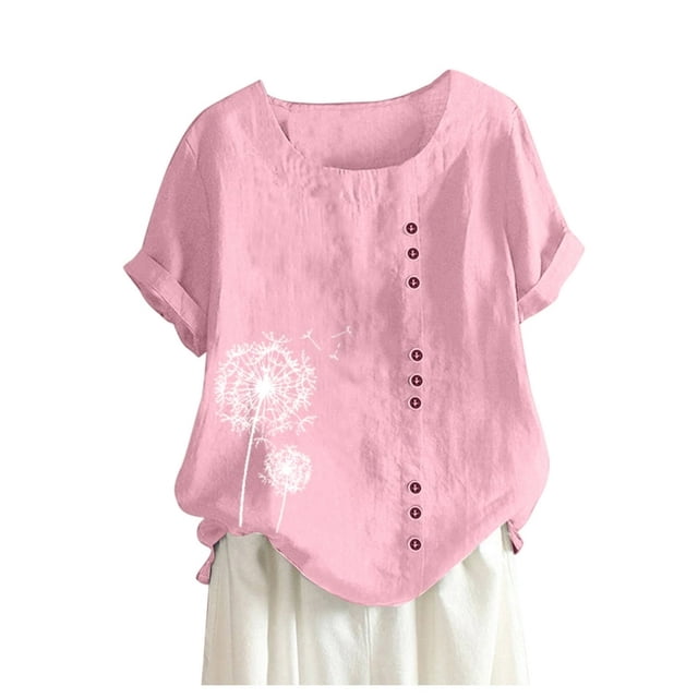 Plus Size Tops For Womens Casual Loose Button Linen Plus Size Daily Boho Tanic T-Shirt Blouse Tops