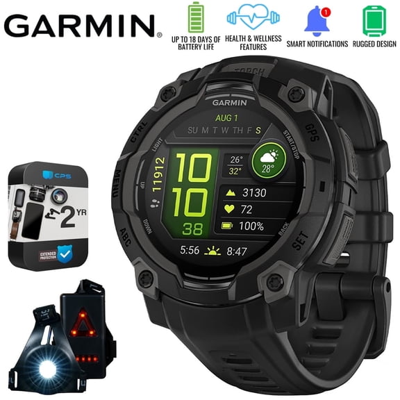 Garmin Instinct 3 - 45 mm Outdoor GPS Smartwatch, AMOLED, Black with Black Band 010-02936-00 Bundle with 2 Year Extended Warranty & Deco Essentials Wearable Safety Light