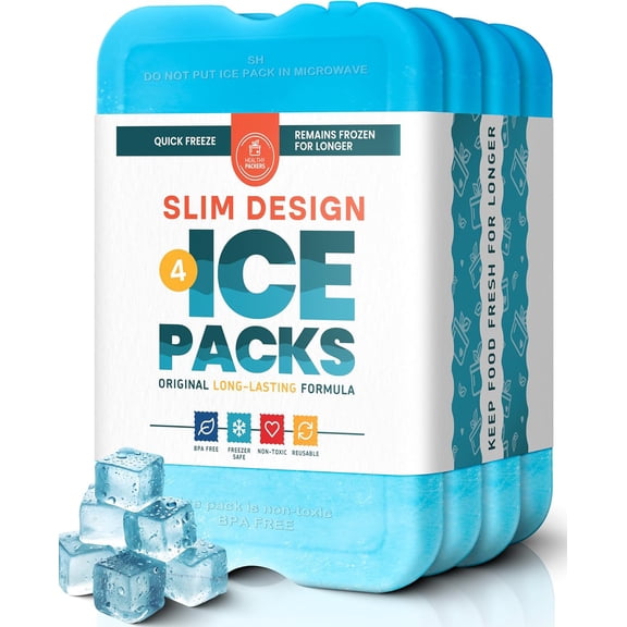 Healthy Packers Reusable Ice Packs for Lunch Box and Cooler, Blue, 4 Pack