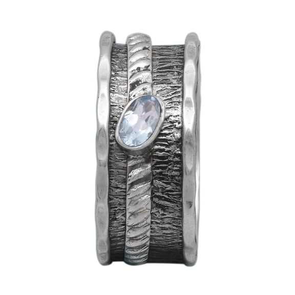 Mooneye Spinner Ring 5X3mm Oval Aquamarine Fidget Hammered 925 Sterling Silver Men Women Band