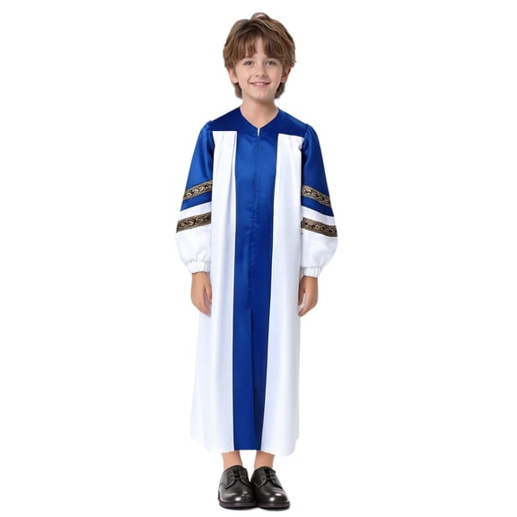 TiaoBug Boys Girls Long Sleeve Praise Church Choir Robe Embroidered Color Block Maxi Gown for Graduation Royal Blue 8
