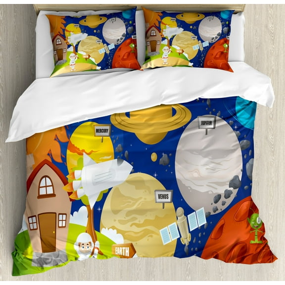 Educational Queen Size Duvet Cover Set, Cartoon Style Planet System and Astronaut in Outer Space Galactic Adventure, Decorative 3 Piece Bedding Set with 2 Pillow Shams, Multicolor, by Ambesonne