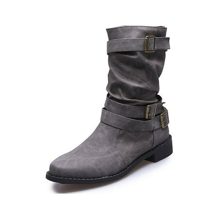 

Daeful Womens Shoes Buckle Strap Winter Boot Mid Calf Boots Comfort Low Heel Ladies Fashion Gray 9