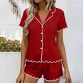 thumbnail image 2 of DYTTDG Solid Color Pajama Set for Women Short Sleeve Flouncing Cuff Shirt with Short Pajama Pant Set Soft Button Down & Drawstring, 2 of 6