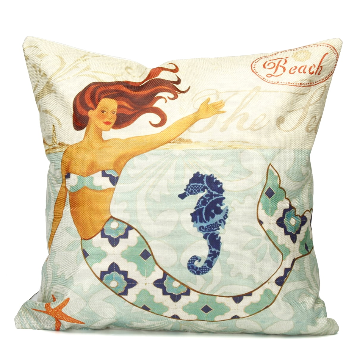 18" Vintage Mermaid Cotton Linen Cushion Cover Square Throw Pillow Case Decor