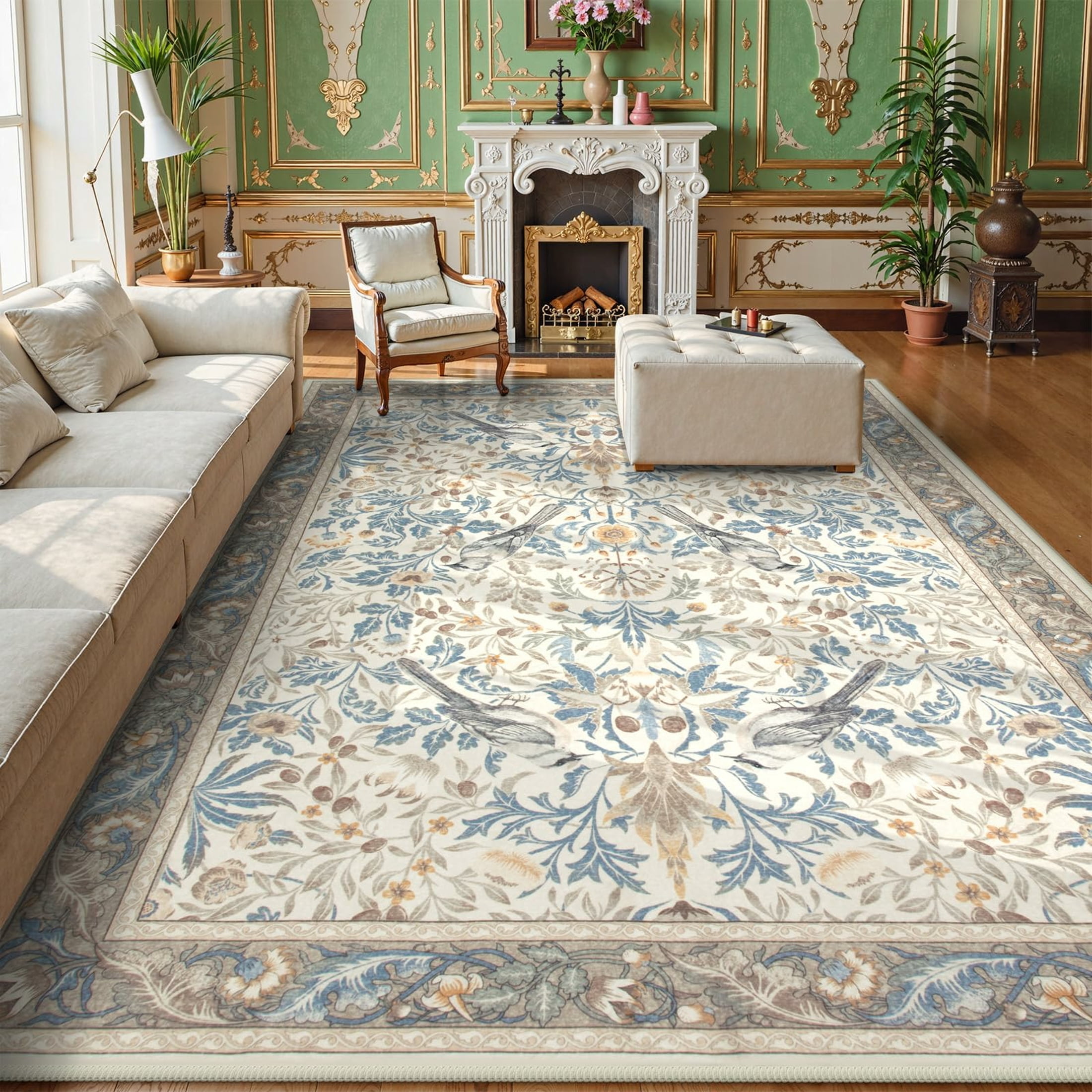 Moynesa 8'x10' Vintage Bird Washable Rugs for Living Room, Beige Botanical Floral Large Area Rugs for Bedroom, Non-Slip Soft Natural Rugs for Dining Room, Accent Carpet for Under Table Apartment