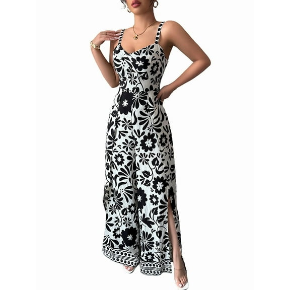 2025 Spring and Summer Temperament Elegant Twisted Print Small Suspender Wide Leg Jumpsuit Long Pants Women'S Black S