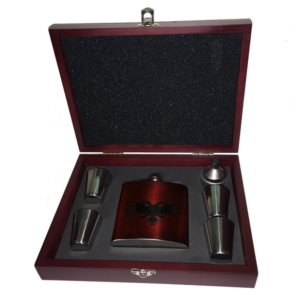 KuzmarK 6 oz. Stainless Steel Flask Set in Rose Wood Presentation Box - Albanian Flag Modern