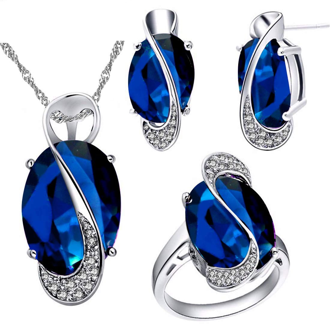 2 Ext. Sterling Silver Blue Color Oval CZ Stud Earring & Necklace Set 16