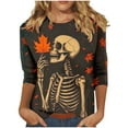 thumbnail image 3 of Meichang Women Halloween Tops 3/4 Sleeve Skeleton Graphic T Shirt Crew Neck Loose Party Tops Halloween Spooky Print Tees, 3 of 6