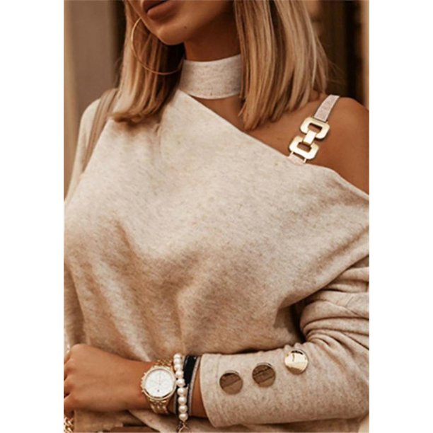Jersey liso con hombros descubiertos para mujer, blusa informal con cuello torcido para primavera y oto?o, ropa de calle para mujer, camisa con botones y cadena ZefeiWu 8390605593994