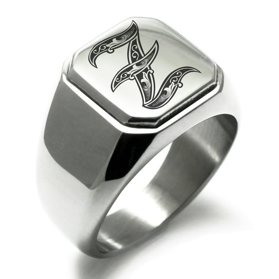 Stainless Steel Letter Z Initial Royal Monogram Engraved Engraved Square Flat Top Biker Style Polished Signet Ring