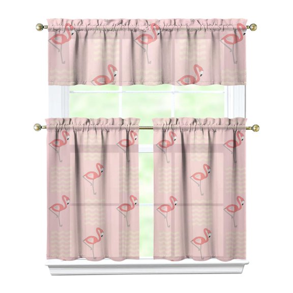Kitchen Curtains 36 Inch Short - 3 Panel Set, Flamingo Tropical Bird Print, Rod Pocket Window Curtain, 100% Polyester for Hawaiian Summer Beach Decor, Easy Wash