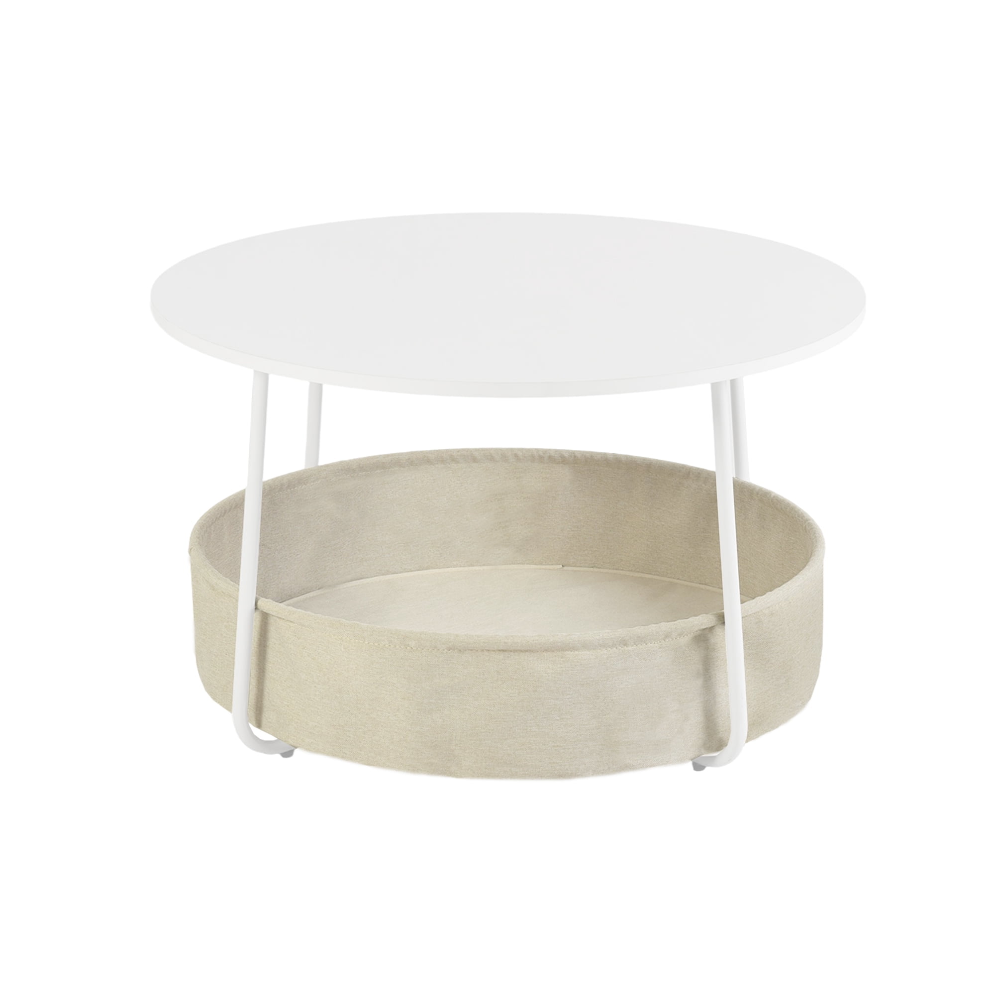 Small Round Side Table, Modern Nightstand with Fabric Storage Basket, U-Shaped Steel Frame End Table for Living Room Bedroom