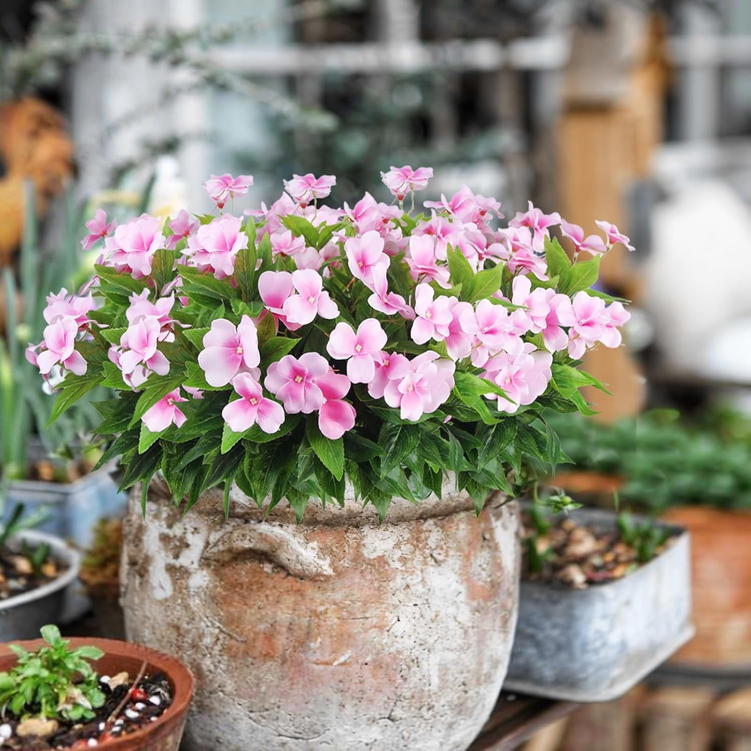 Topboutique Artificial Silk Flowers Silk Flowers Bouquet Realistic Impatiens Bouquet Fake Plants Flowers Faux Impatiens Bushes for Wedding Garden Porch Patio Balcony Decoration,4 Pcs-Pink